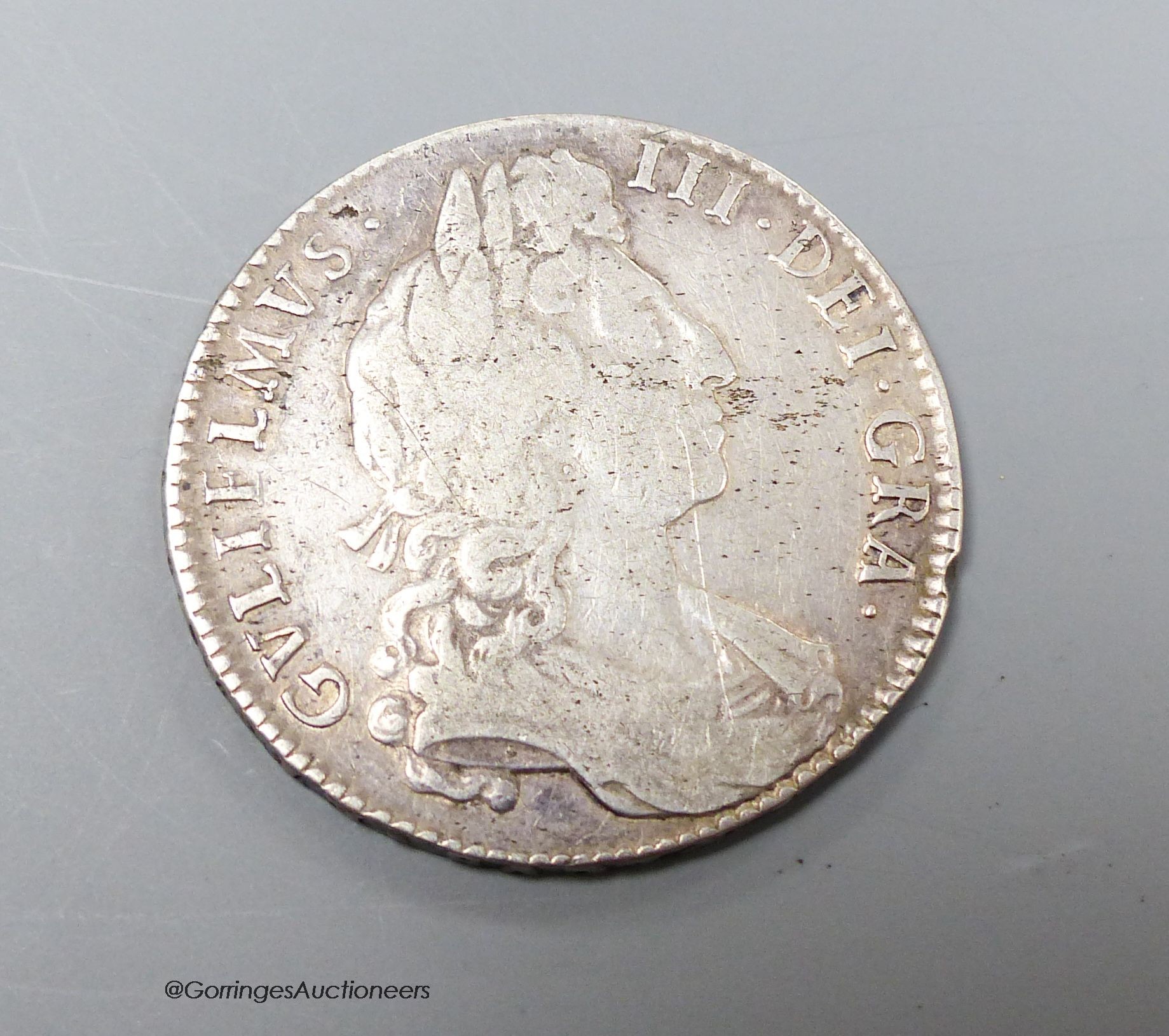 A William III halfcrown, 1697, edge Nono, haymarks otherwise about F